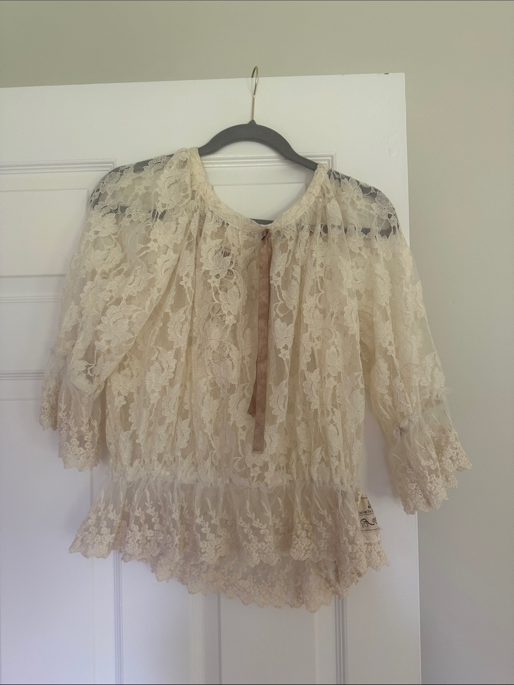 Sheer Lace Tie-Neck Women's Top in Cream
